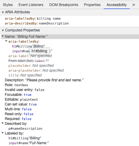 Chrome Developer Tools zobrazující přístupné jméno vstupu z aria-labelledby a popis z aria-describedby