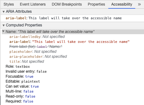 Chrome Developer Tools zobrazující přístupné jméno vstupu z aria-label
