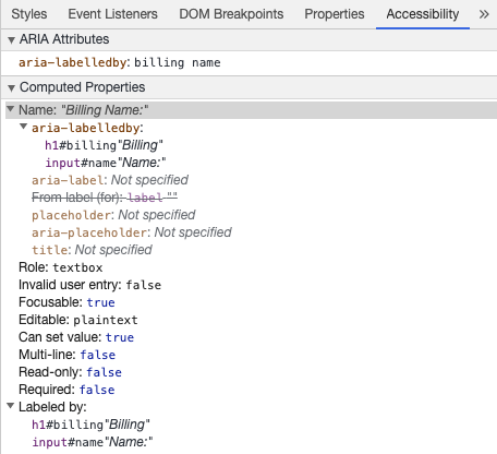 Chrome Developer Tools zobrazující přístupné jméno vstupu z aria-labelledby