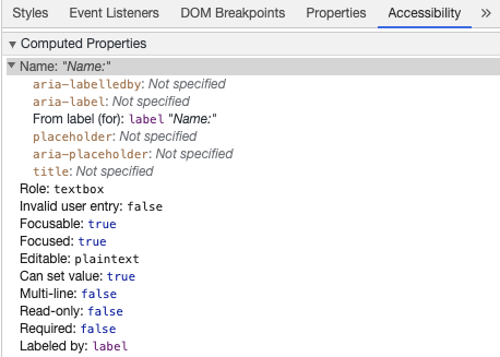 Chrome Developer Tools zobrazující přístupné jméno vstupu z popisku